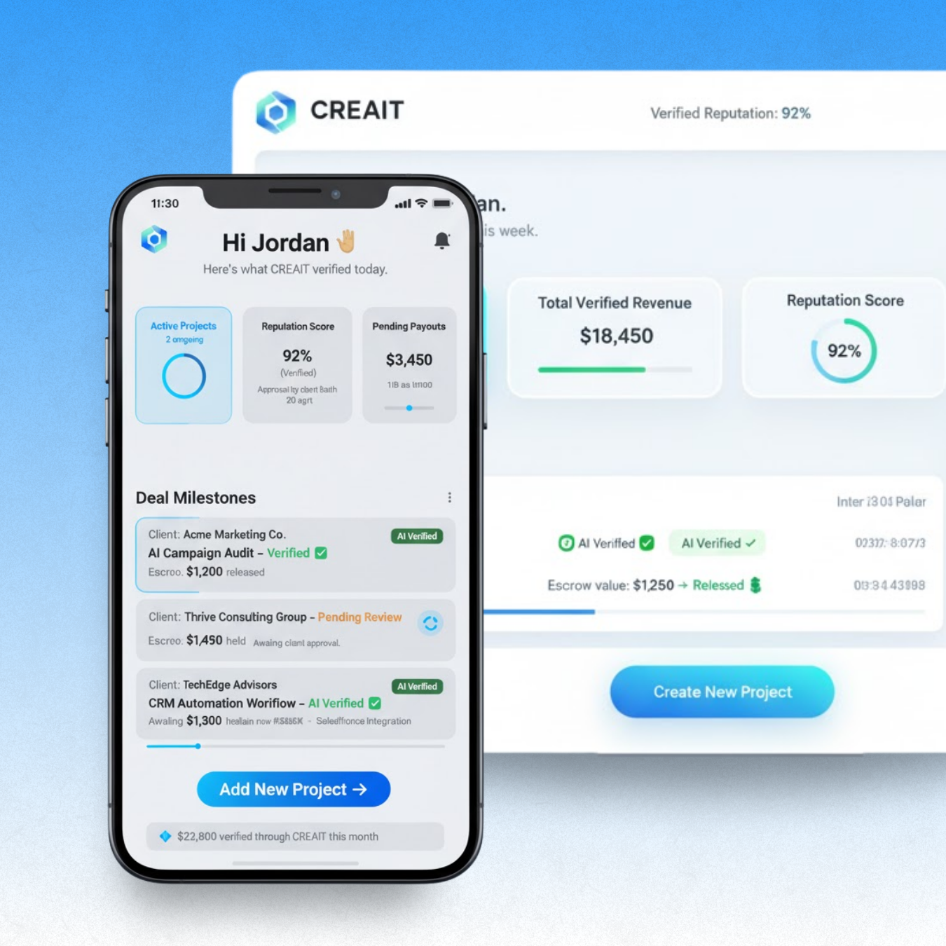 CREAiT Dashboard showing mobile and desktop views with verified projects, reputation score, and deal milestones