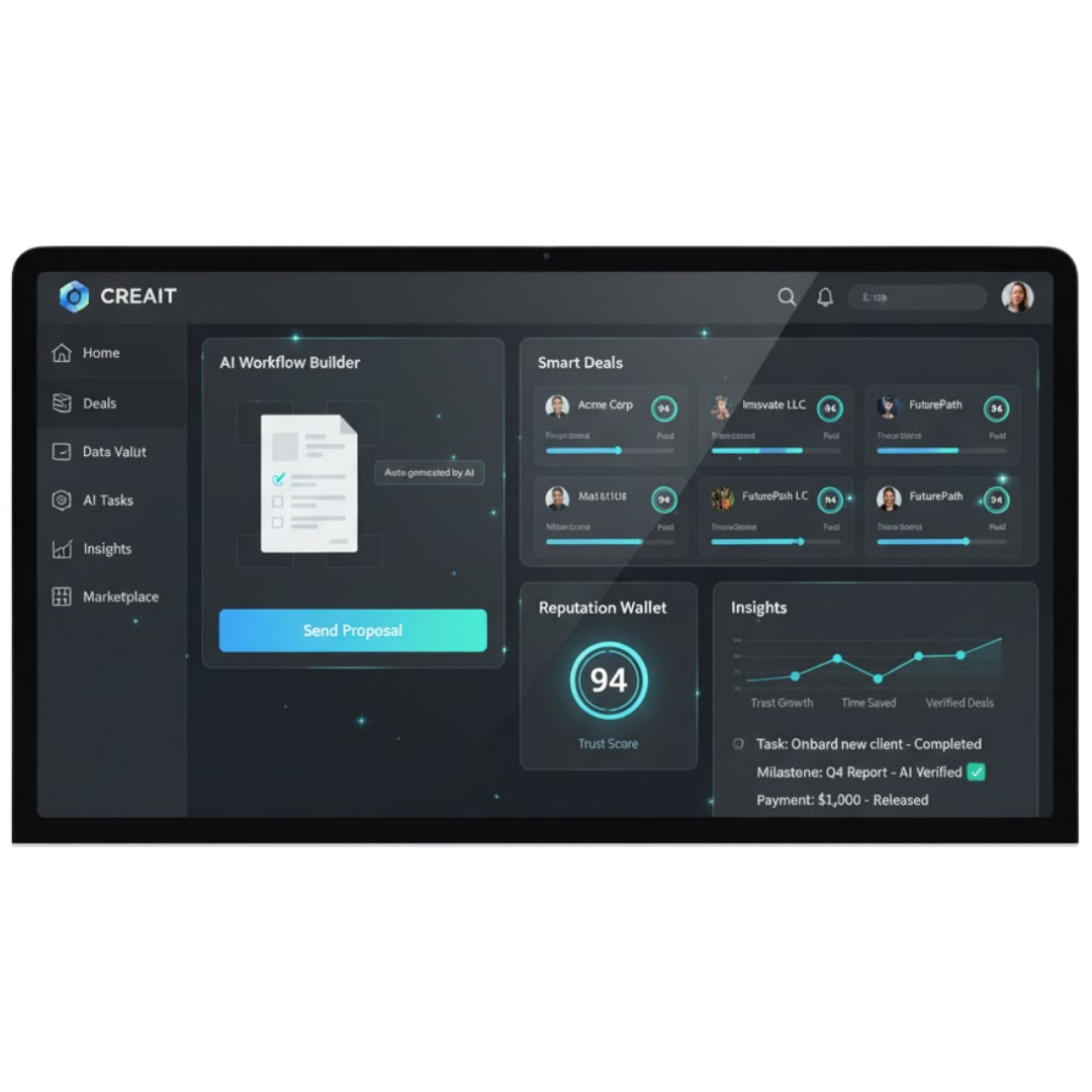 CREAiT Dashboard showing AI Workflow Builder, Smart Deals, Reputation Wallet, and Insights