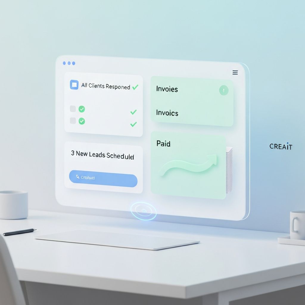 Serene workspace with organized holographic dashboard showing automated tasks